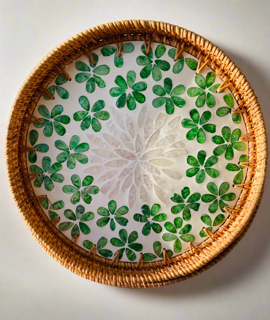 Handwoven Rattan Serving Tray-six petaled flower