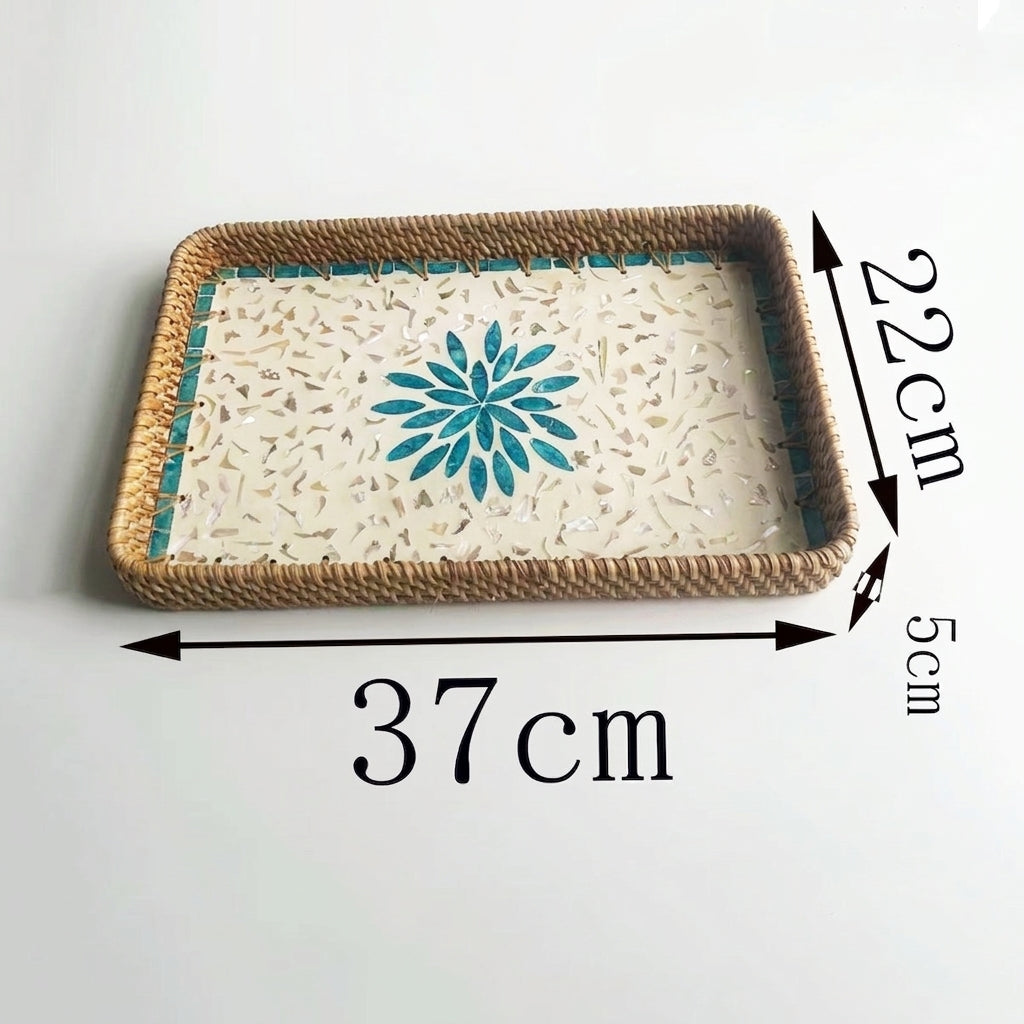 3-Piece Rattan & Shell Inlay Trays – Mixed Rect & Square