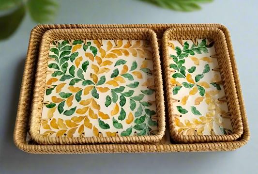 Handwoven Rattan Serving Tray-Leafy motif