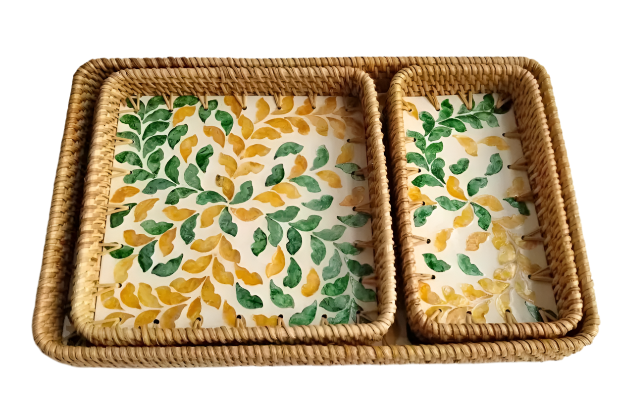 Handwoven Rattan Serving Tray-Leafy motif