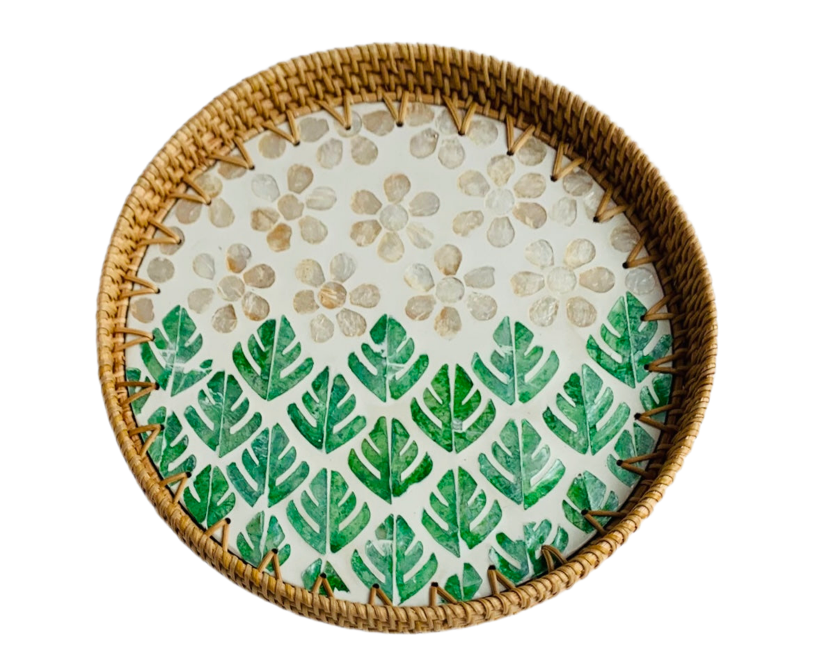 Handwoven Rattan Serving Tray-six petaled flower