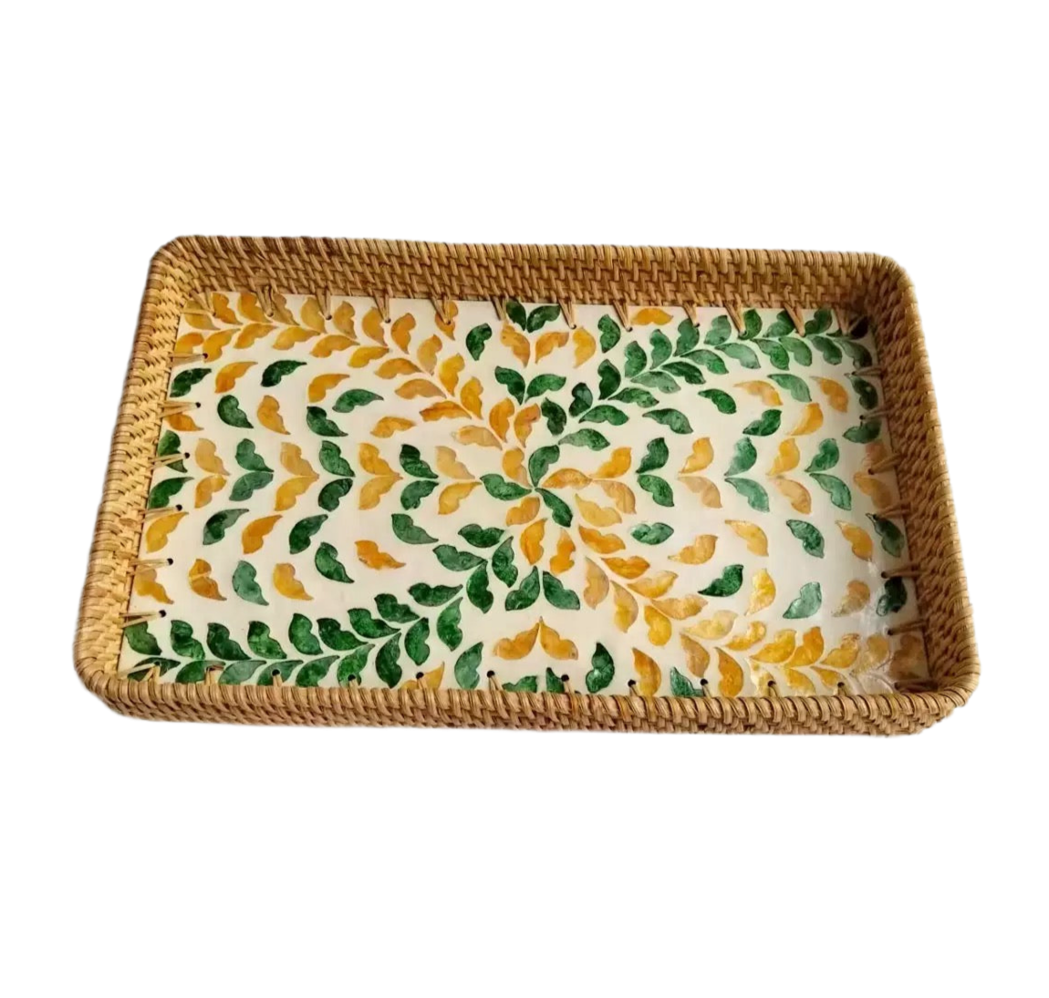 Handwoven Rattan Serving Tray-Leafy motif