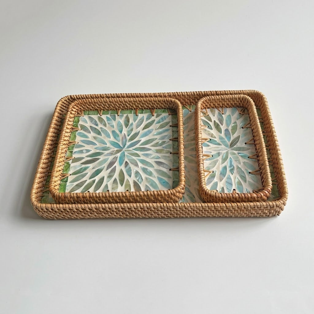 ⁠3-Piece Rattan & Shell Inlay Trays – Mixed Rect & Square⁠