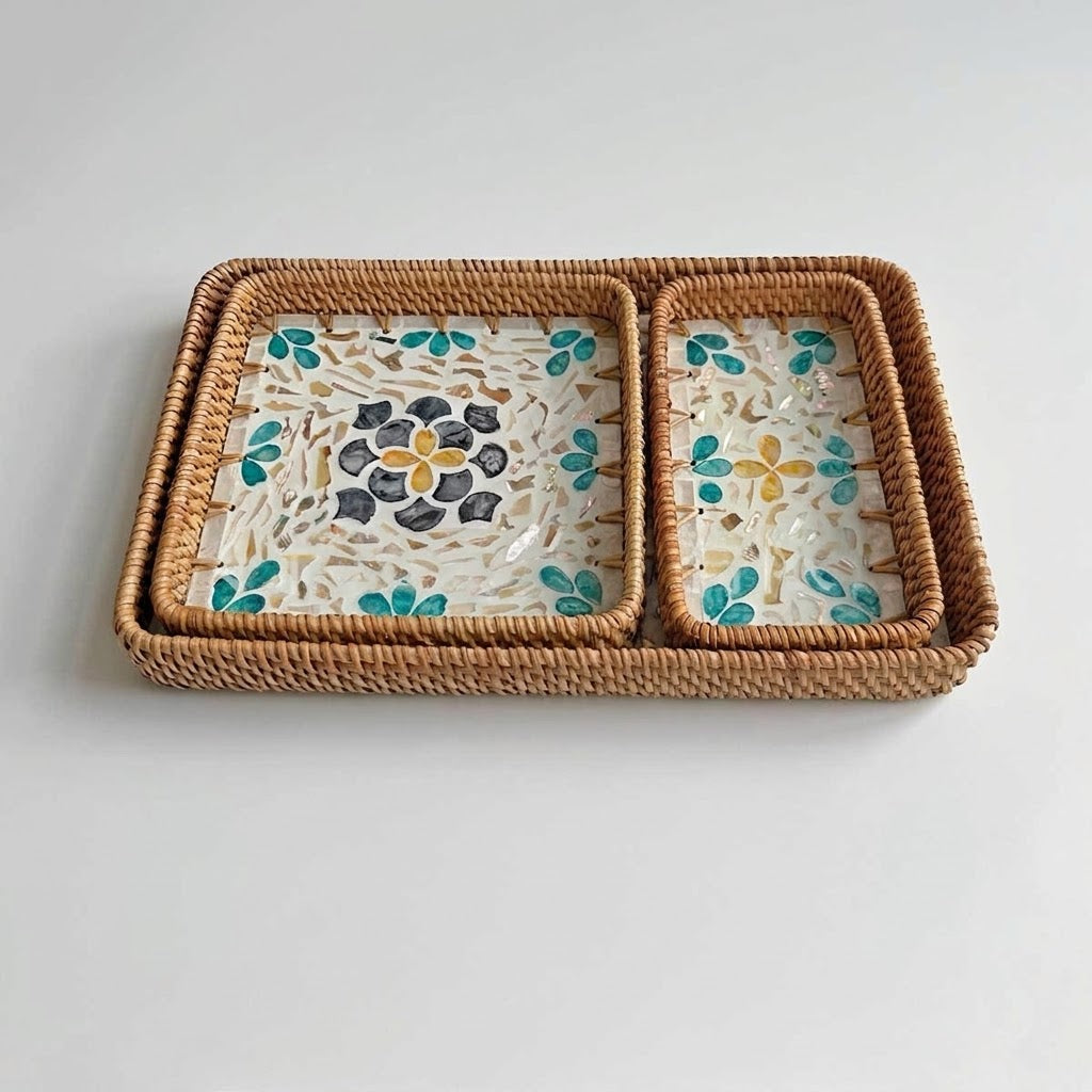 ⁠3-Piece Rattan & Shell Inlay Trays – Mixed Rect & Square⁠