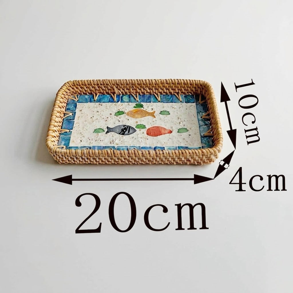 ⁠3-Piece Rattan & Shell Inlay Trays – Mixed Rect & Square⁠