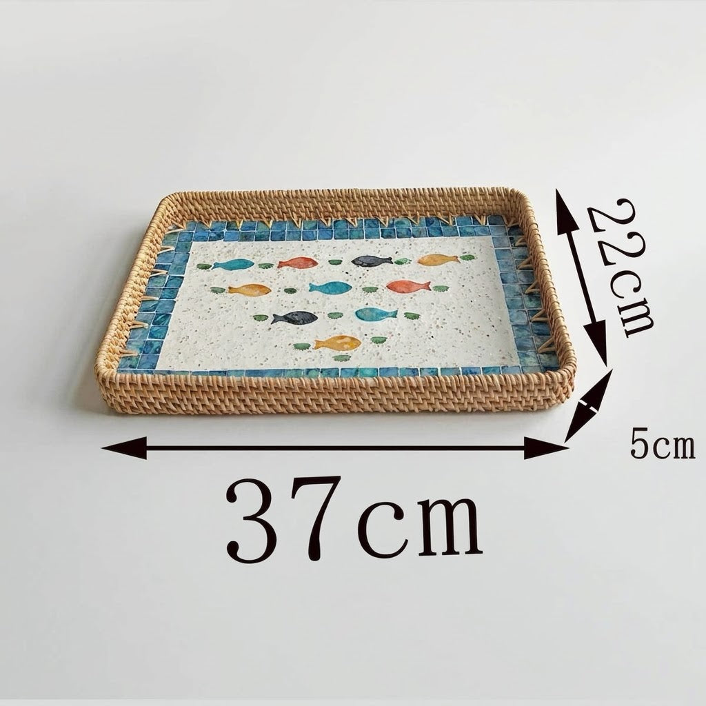 ⁠3-Piece Rattan & Shell Inlay Trays – Mixed Rect & Square⁠