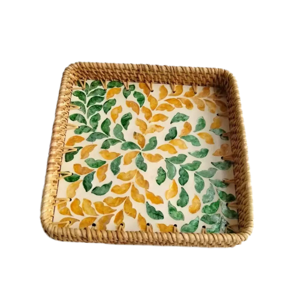 Handwoven Rattan Serving Tray-Leafy motif