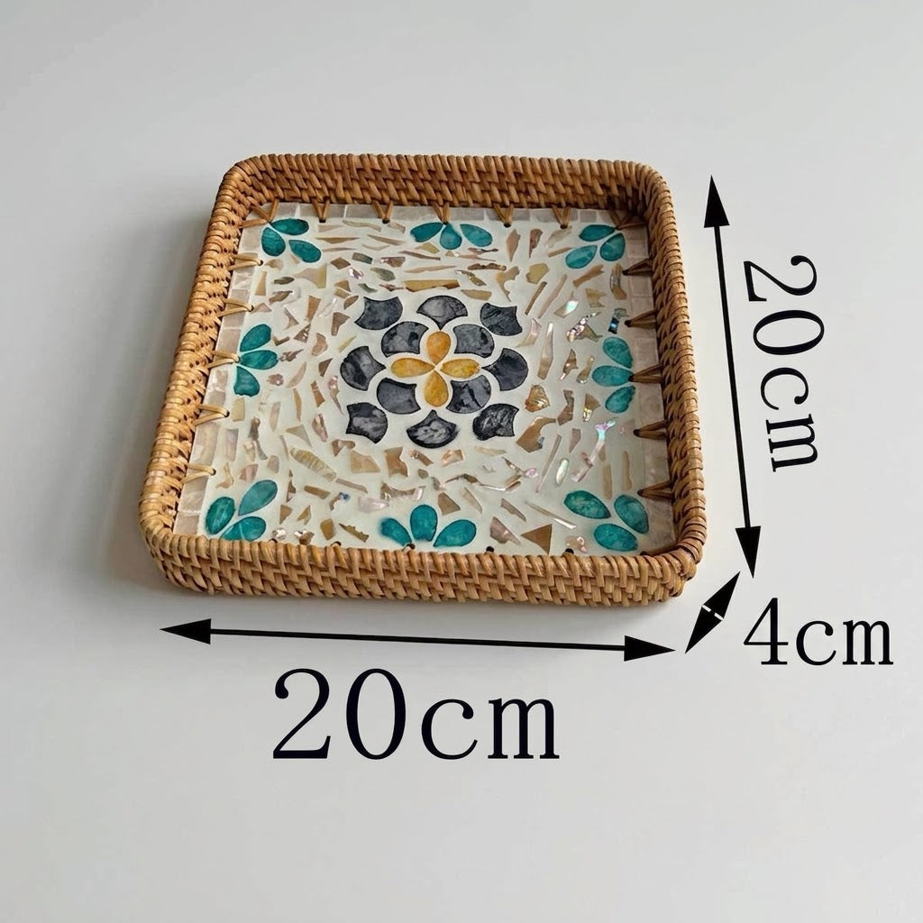 ⁠3-Piece Rattan & Shell Inlay Trays – Mixed Rect & Square⁠