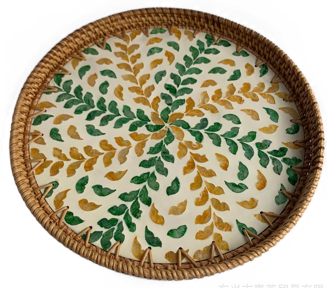 Handwoven Rattan Serving Tray-Leafy motif
