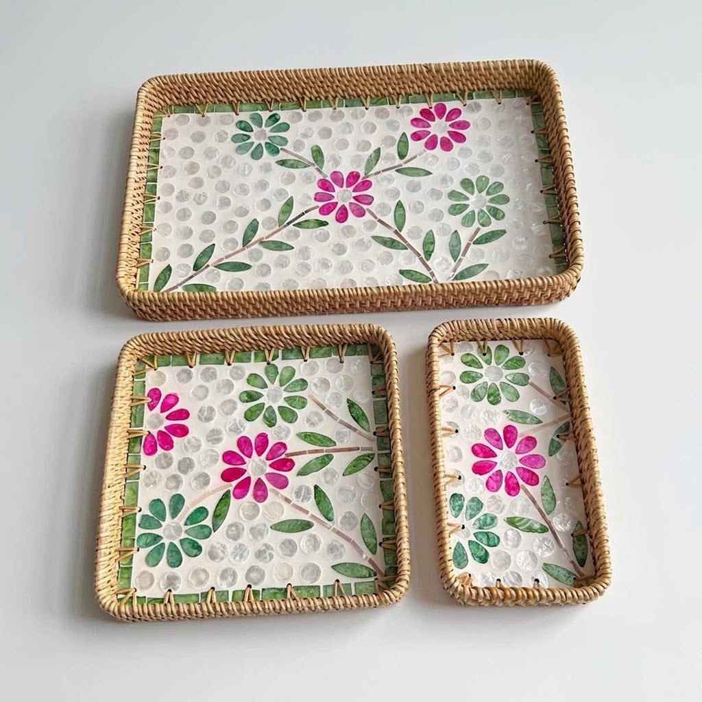 ⁠3-Piece Rattan & Shell Inlay Trays – Mixed Rect & Square⁠
