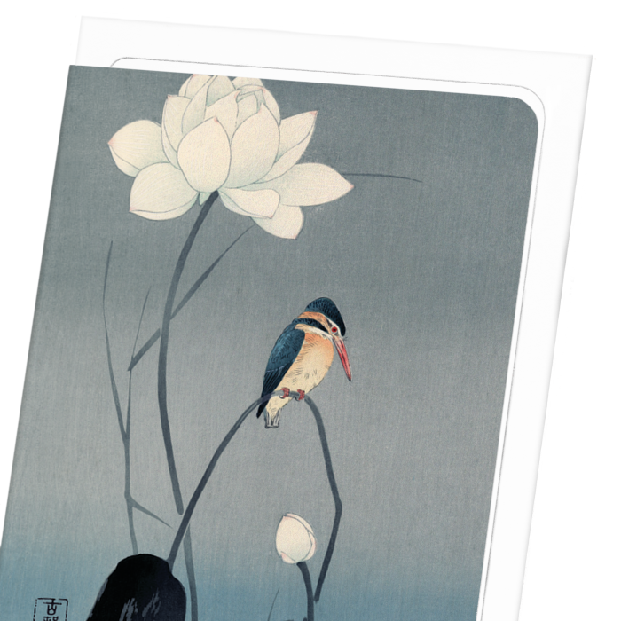 KINGFISHER AND LOTUS (C.1910): Japanese Greeting Card