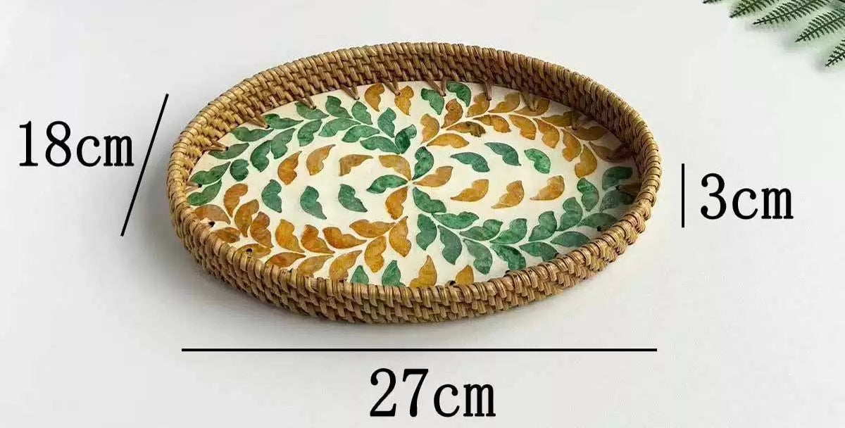 Handwoven Rattan Serving Tray-Leafy motif