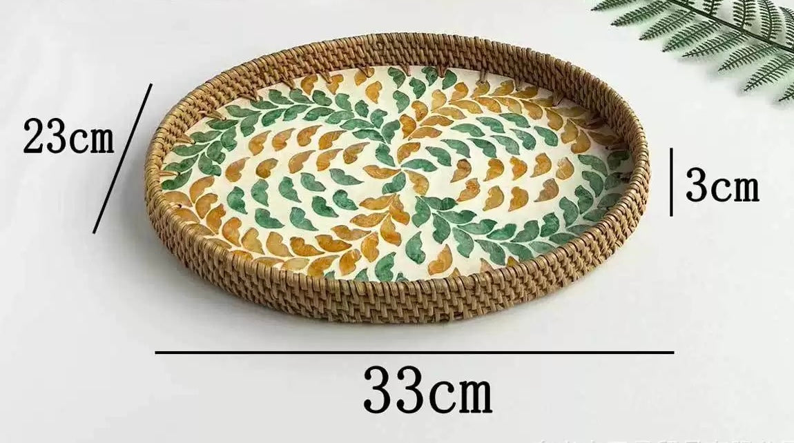 Handwoven Rattan Serving Tray-Leafy motif