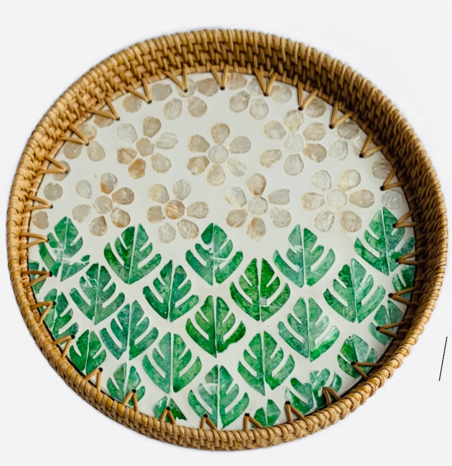 Handwoven Rattan Serving Tray-six petaled flower