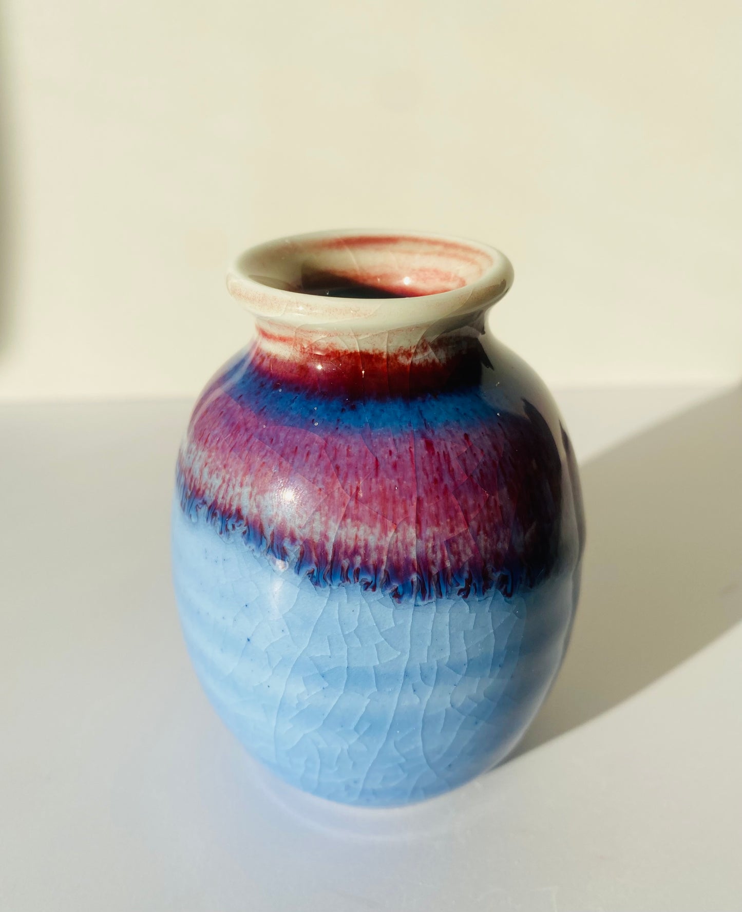 Handmade Blue Crackled Vases With Purple Drip Glaze