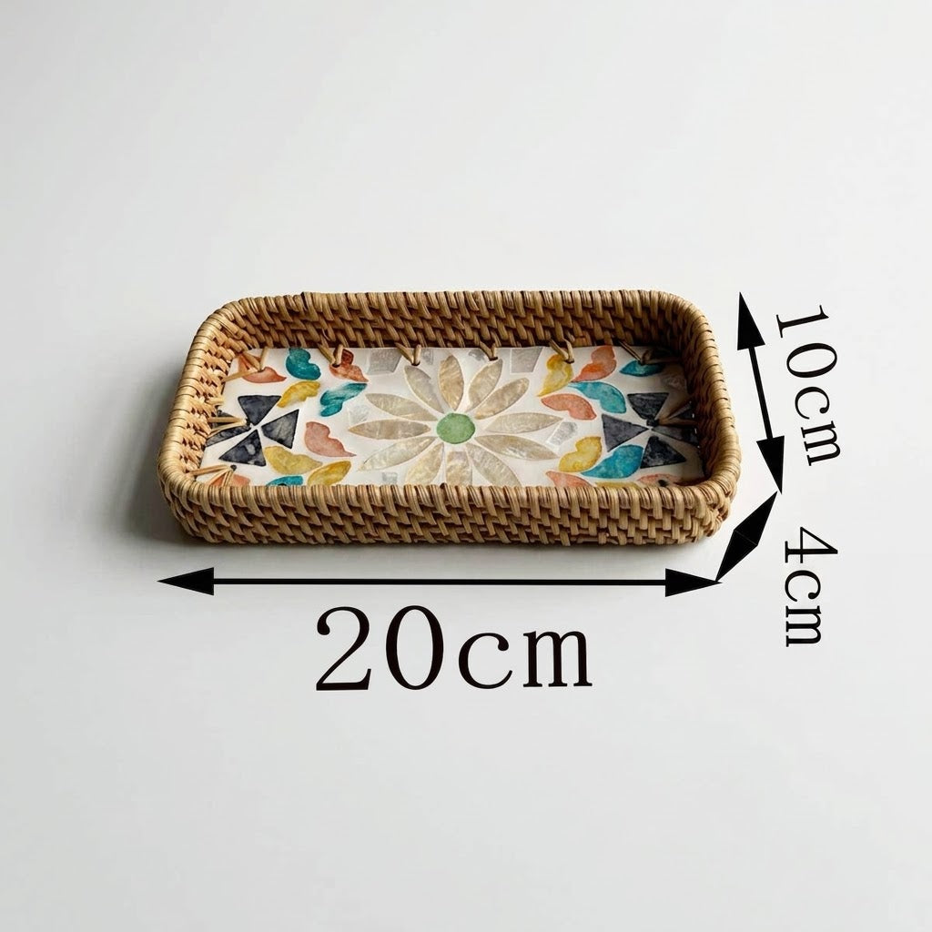 ⁠3-Piece Rattan & Shell Inlay Trays – Mixed Rect & Square⁠