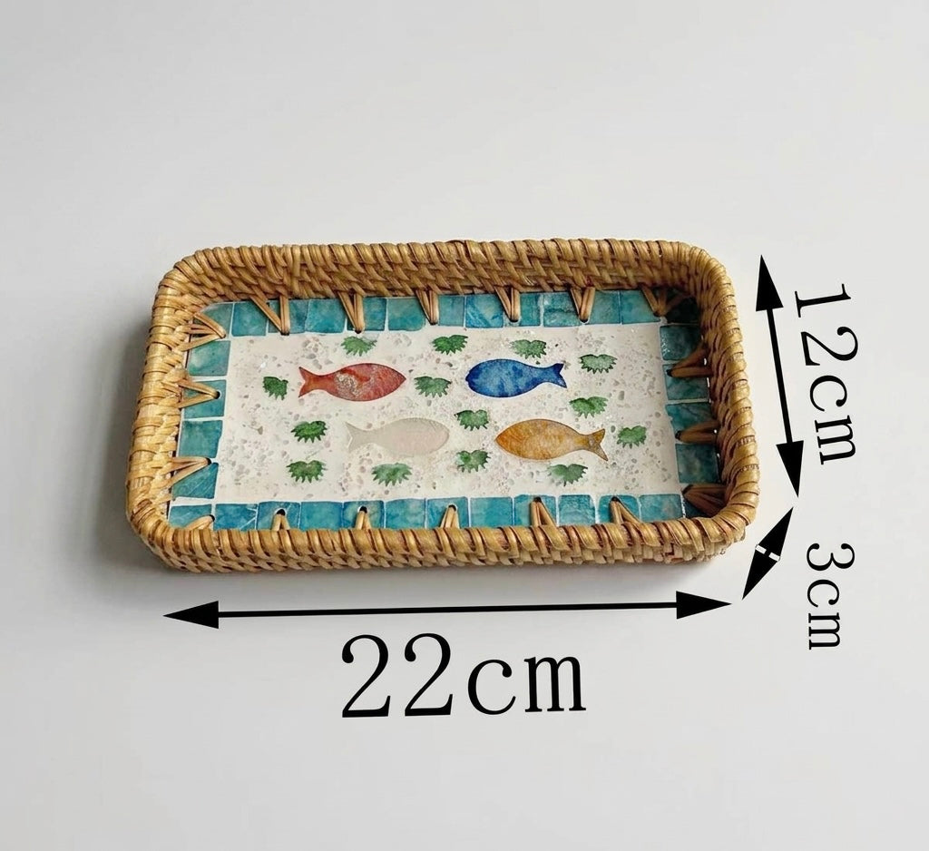 Small Woven Rattan Tray Decorative Organizer 22cm