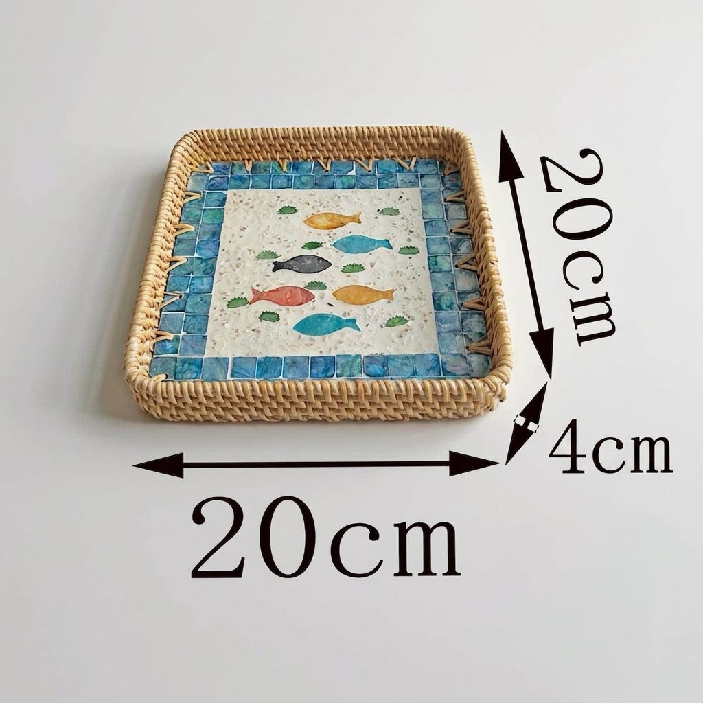 ⁠3-Piece Rattan & Shell Inlay Trays – Mixed Rect & Square⁠