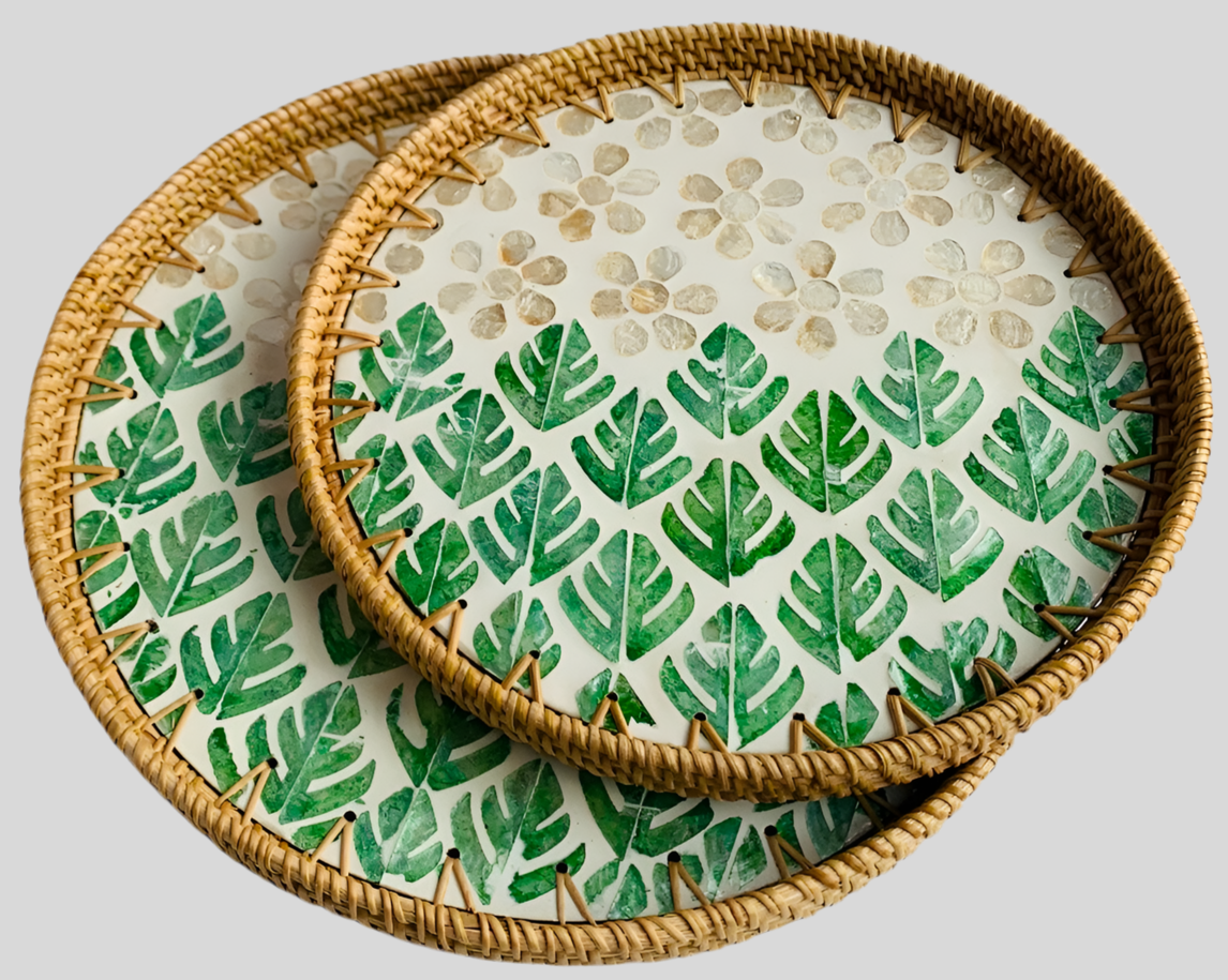 Handwoven Rattan Serving Tray-six petaled flower