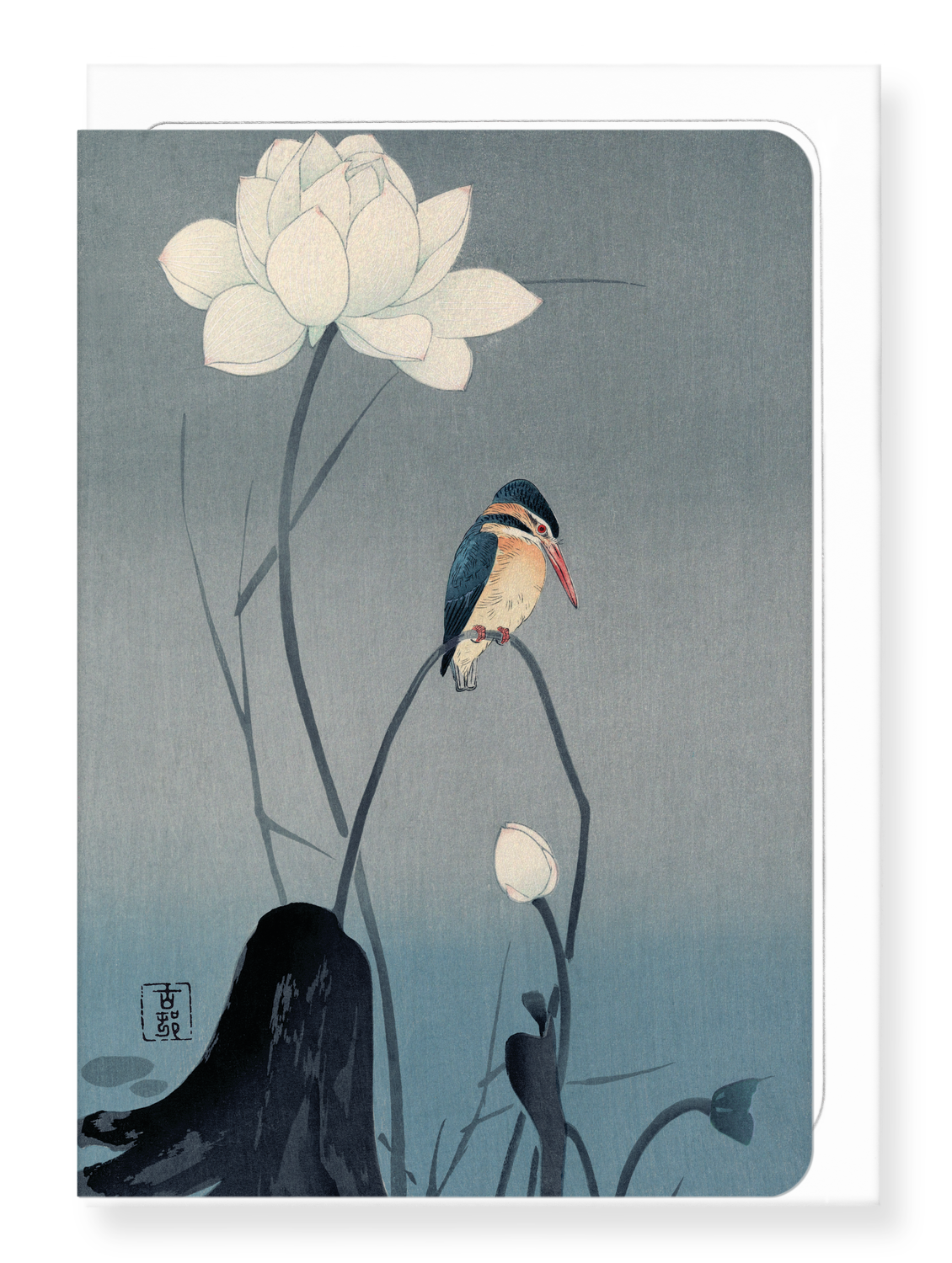 KINGFISHER AND LOTUS (C.1910): Japanese Greeting Card
