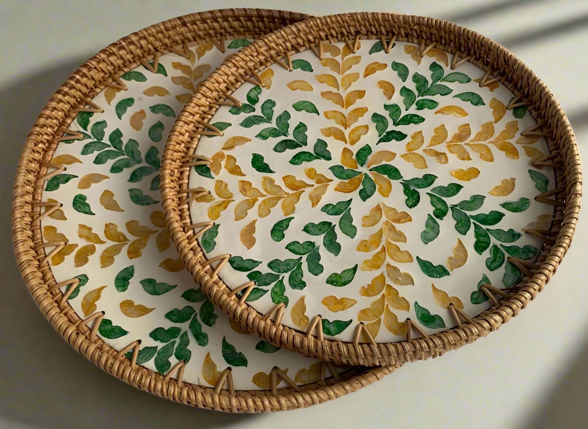Handwoven Rattan Serving Tray-Leafy motif