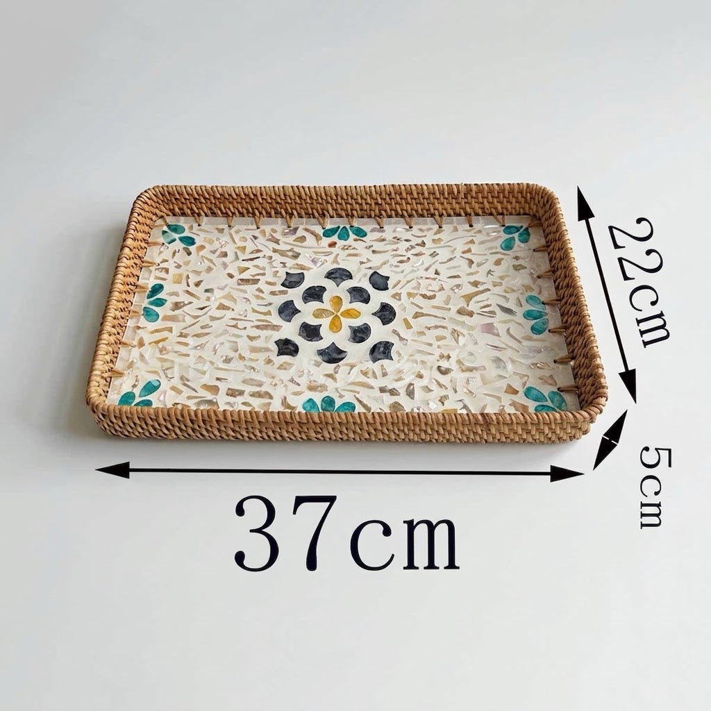 ⁠3-Piece Rattan & Shell Inlay Trays – Mixed Rect & Square⁠