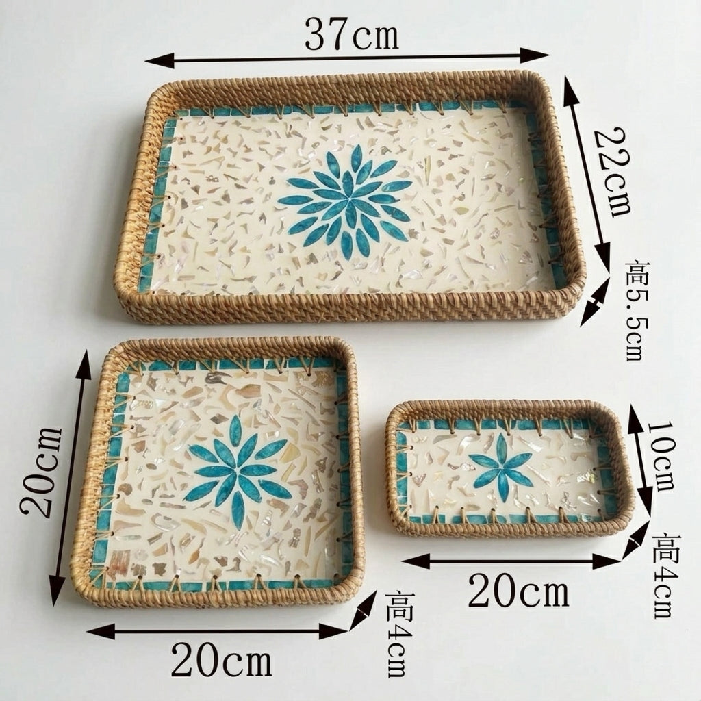 ⁠3-Piece Rattan & Shell Inlay Trays – Mixed Rect & Square⁠