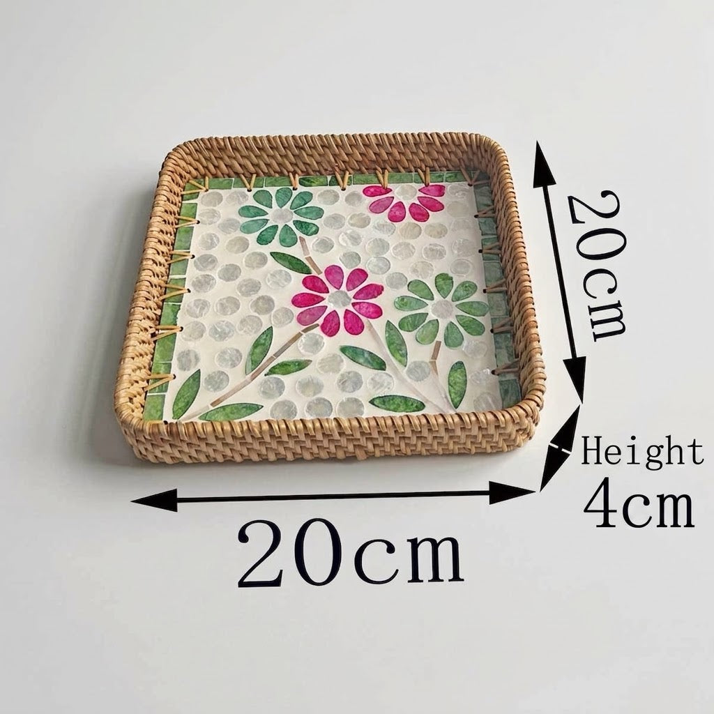 ⁠3-Piece Rattan & Shell Inlay Trays – Mixed Rect & Square⁠