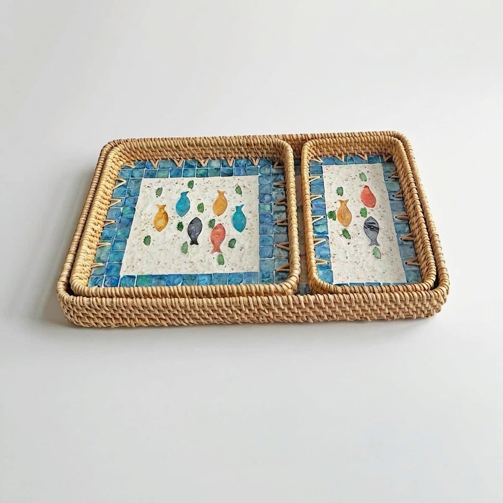 ⁠3-Piece Rattan & Shell Inlay Trays – Mixed Rect & Square⁠