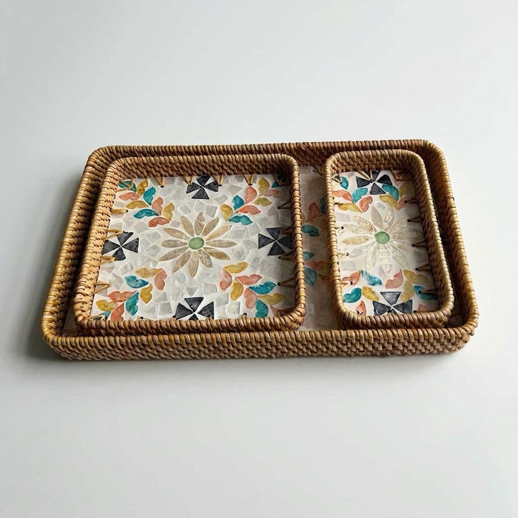 ⁠3-Piece Rattan & Shell Inlay Trays – Mixed Rect & Square⁠