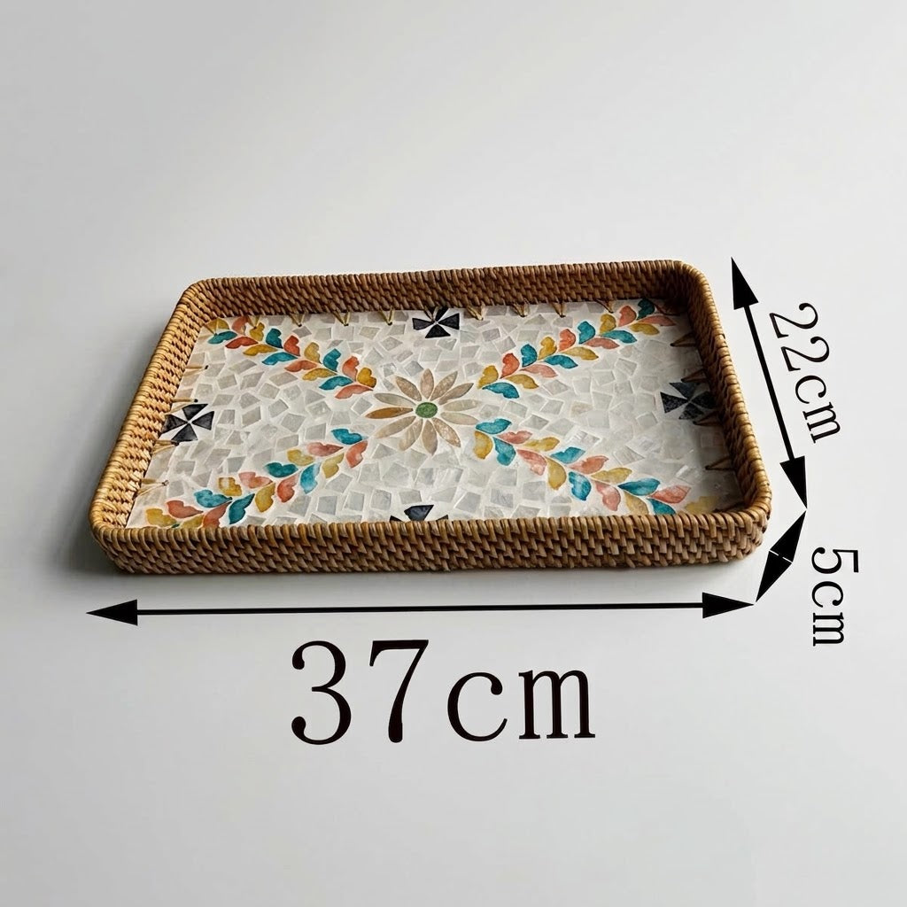 ⁠3-Piece Rattan & Shell Inlay Trays – Mixed Rect & Square⁠