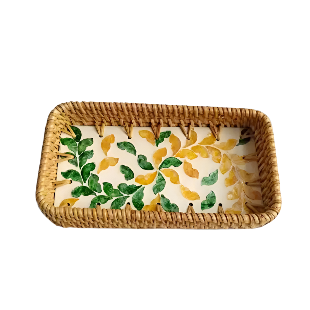 Handwoven Rattan Serving Tray-Leafy motif