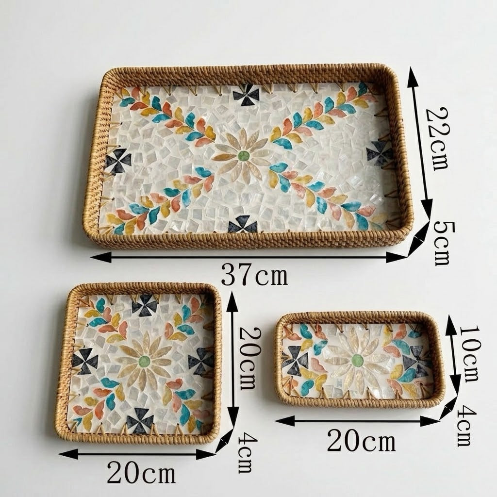 ⁠3-Piece Rattan & Shell Inlay Trays – Mixed Rect & Square⁠