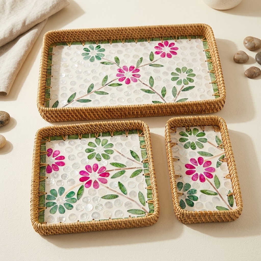 ⁠3-Piece Rattan & Shell Inlay Trays – Mixed Rect & Square⁠