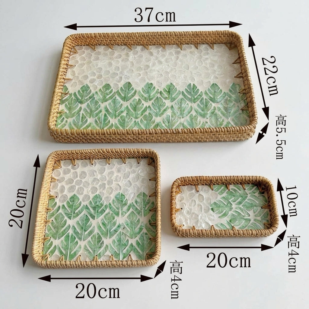 ⁠3-Piece Rattan & Shell Inlay Trays – Mixed Rect & Square⁠