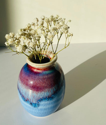 Handmade Blue Crackled Vases With Purple Drip Glaze
