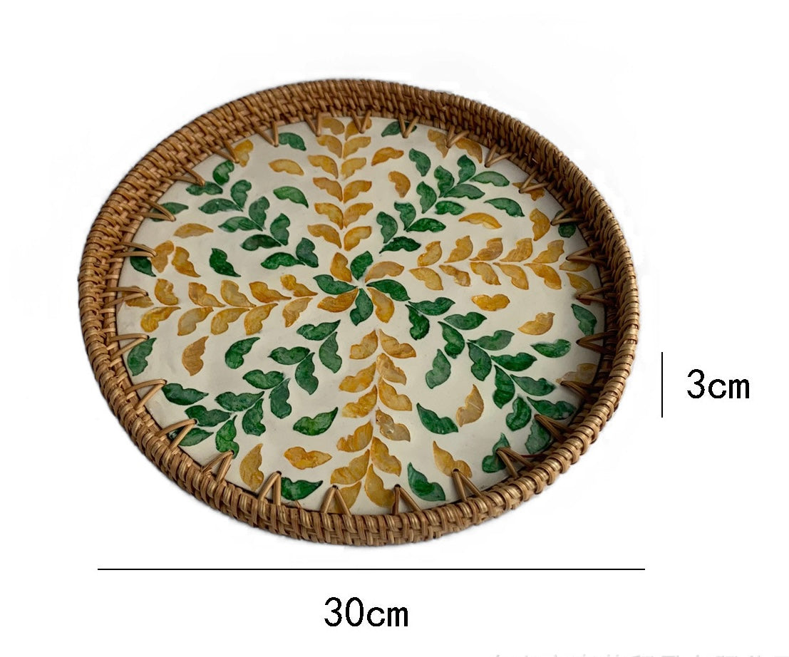 Handwoven Rattan Serving Tray-Leafy motif