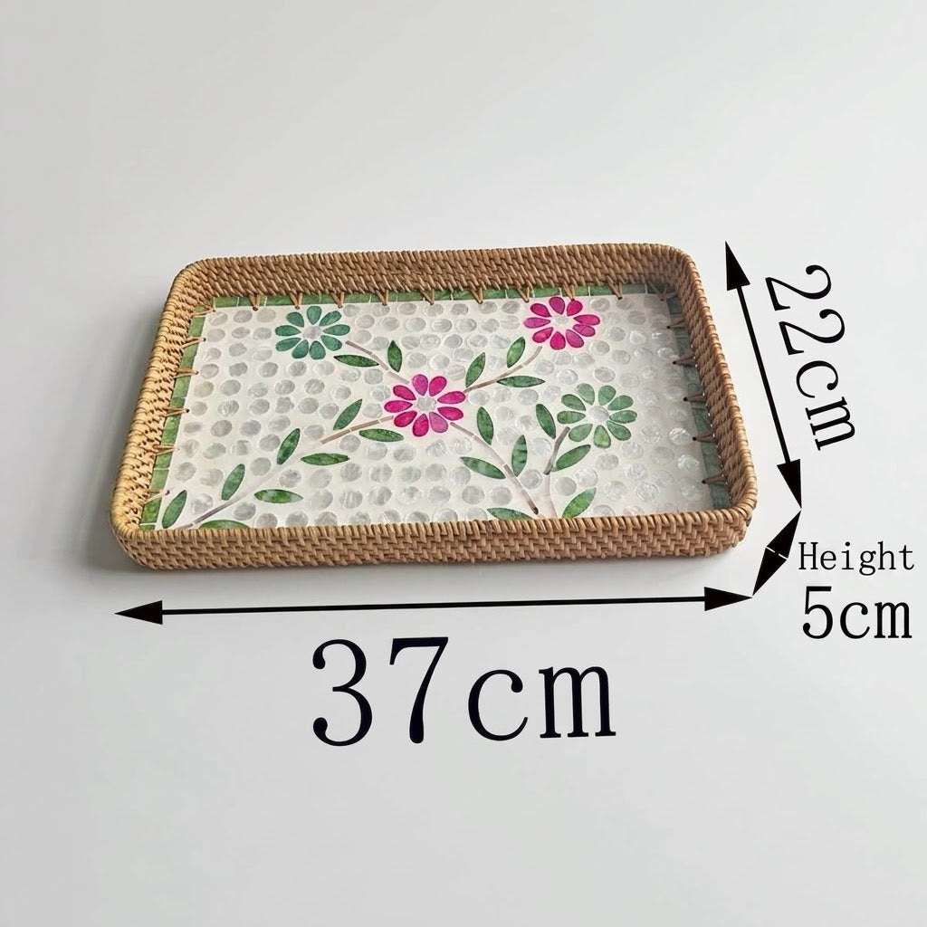 ⁠3-Piece Rattan & Shell Inlay Trays – Mixed Rect & Square⁠