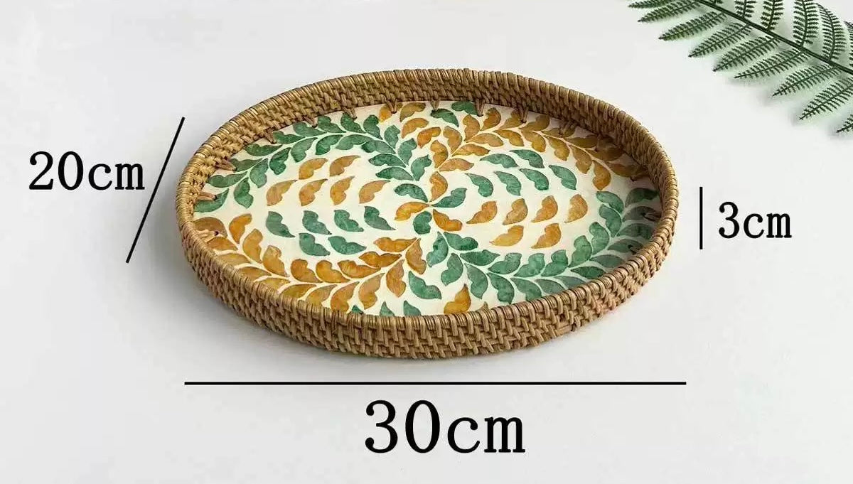 Handwoven Rattan Serving Tray-Leafy motif