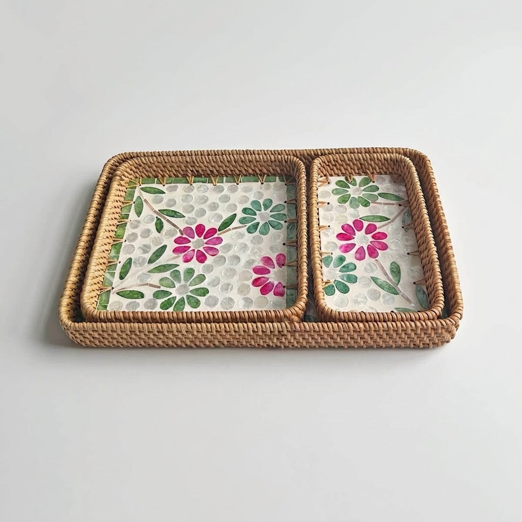 ⁠3-Piece Rattan & Shell Inlay Trays – Mixed Rect & Square⁠