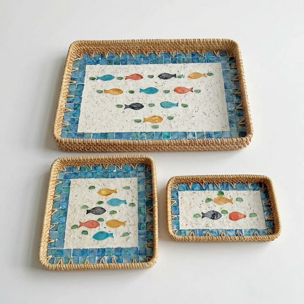 ⁠3-Piece Rattan & Shell Inlay Trays – Mixed Rect & Square⁠