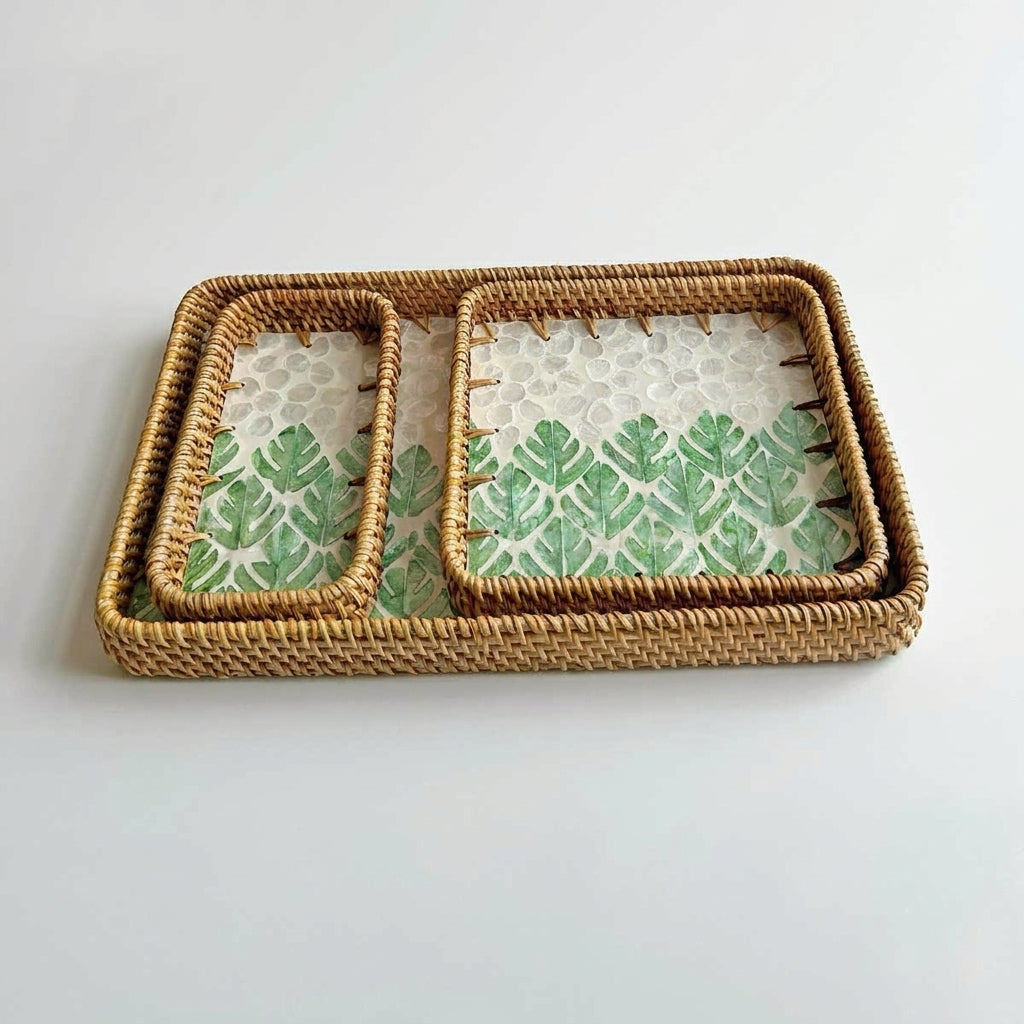 ⁠3-Piece Rattan & Shell Inlay Trays – Mixed Rect & Square⁠