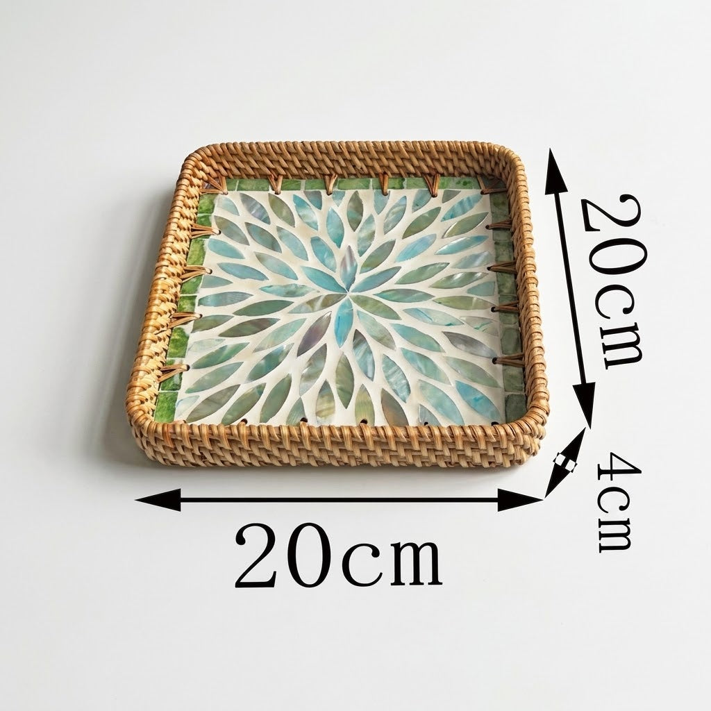 ⁠3-Piece Rattan & Shell Inlay Trays – Mixed Rect & Square⁠