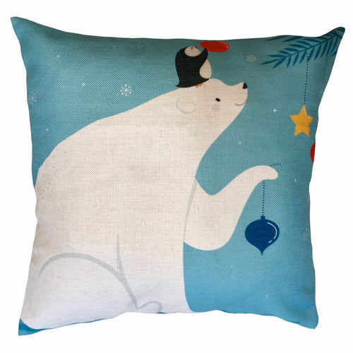Christmas Bauble Polar Bear and Penguin Cushion Cover