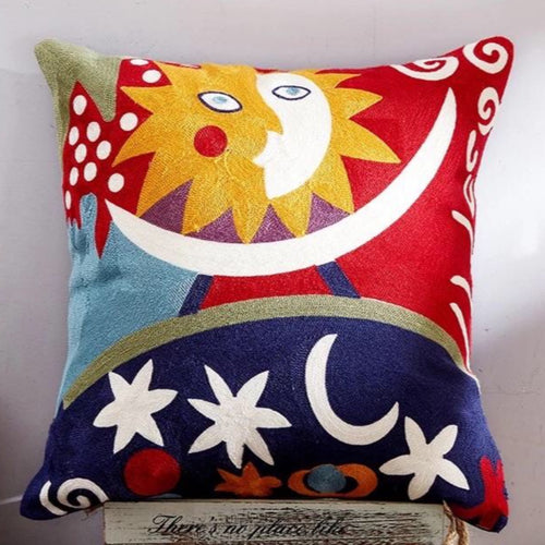 Embroidered Sun Face Cushion Cover