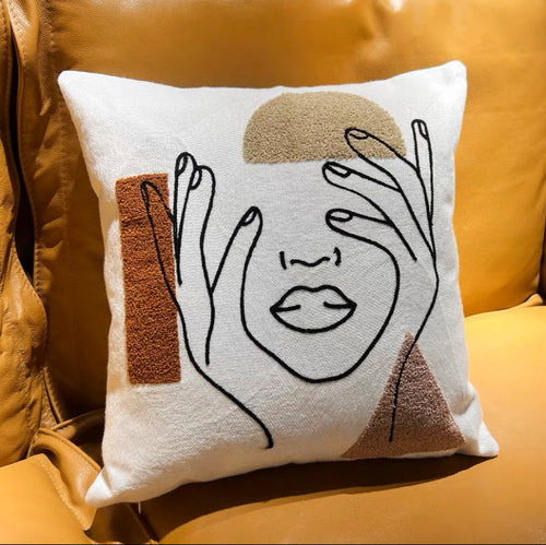 Embroidered Line Art Woman Face Cushion Cover