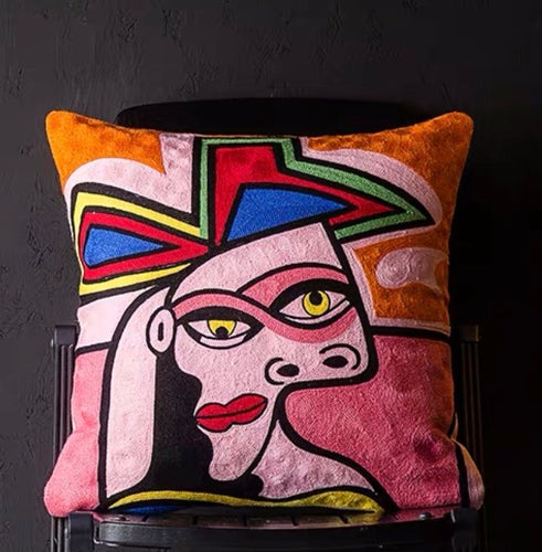 Embroidered Abstract Face Cushion Cover