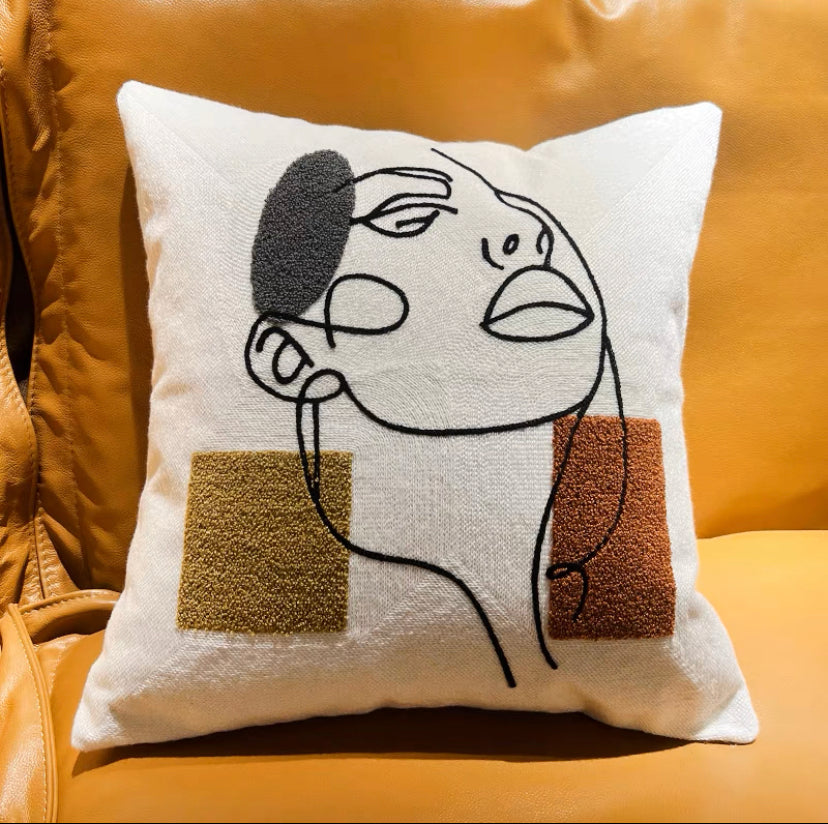 Embroidered Line Art Woman Face Cushion Cover