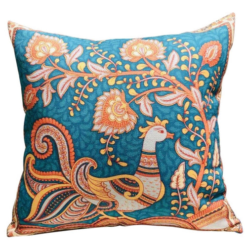 Indian Kalamkari Art Turquoise Peacock Cushion Cover